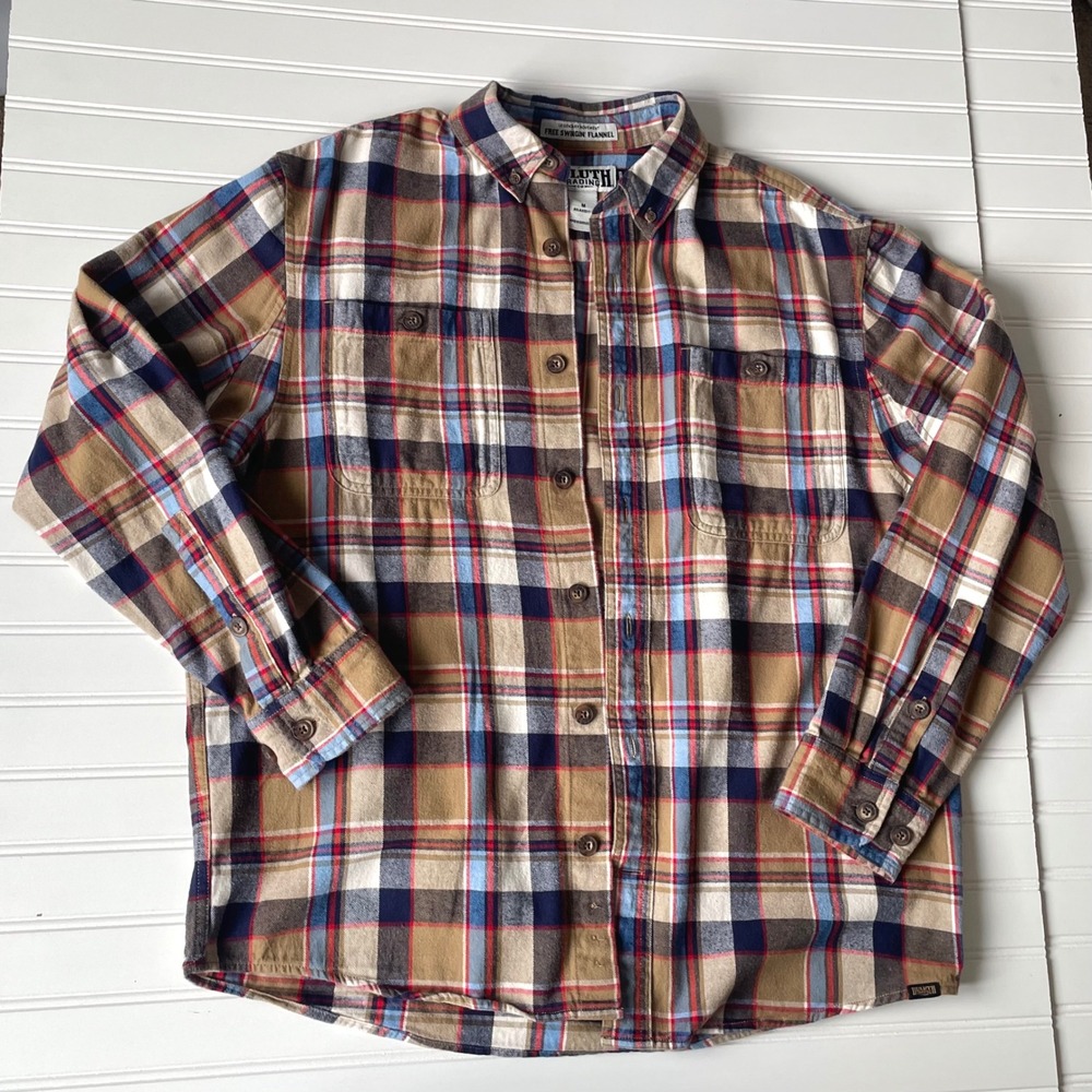 Duluth Flannel Shirt Men Sz M Brown Plaid Free Swingin Relaxed Untucked Utility